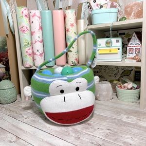 NWT Sock Monkey Striped Fabric Easter Basket & Plastic Eggs Dan Dee 2011 Spring